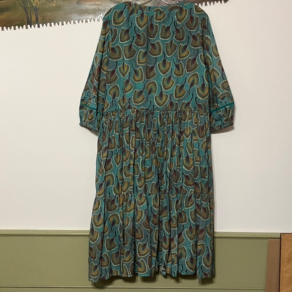 Sundance Feather Print Teal Dress, Tiered, with Pockets, lined XL - Picture 7 of 10